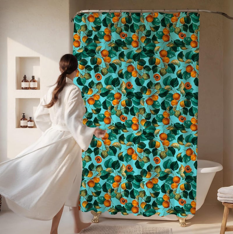 Worthwhile Goods Teal Apricot Leaf Print Shower Curtain - Colorful Botanical Fruit Floral Pattern - Modern Home Decor - Bold Colorful Hotel Style Fabric Shower Curtain For Any Bathroom - 72x72 Inches (Apricot) - Image 2